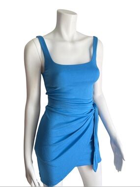 Wilfred Aritzia Blue Side Tie Mini Dress Ruched Bodycon Asymmetrical Sleeveless